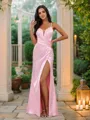 Sheath/Column Silk Like Satin Ruched V-neck Sleeveless Floor-Length Bridesmaid Dresses
