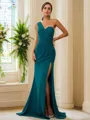 Sheath/Column Chiffon Ruched One-Shoulder Sleeveless Sweep/Brush Train Bridesmaid Dresses