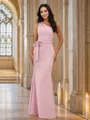 Sheath/Column Stretch Crepe Bowknot One-Shoulder Sleeveless Floor-Length Bridesmaid Dresses