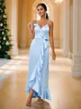 Sheath/Column Silk Like Satin Ruffles V-neck Sleeveless Asymmetrical Bridesmaid Dresses