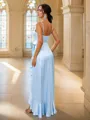 Sheath/Column Silk Like Satin Ruffles V-neck Sleeveless Asymmetrical Bridesmaid Dresses