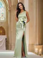 Sheath/Column Silk Like Satin Ruched One-Shoulder Sleeveless Floor-Length Bridesmaid Dresses