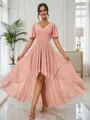 A-Line/Princess Chiffon Ruched V-neck Short Sleeves Asymmetrical Bridesmaid Dresses