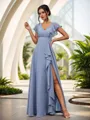 A-Line/Princess Chiffon Ruffles V-neck Short Sleeves Floor-Length Bridesmaid Dresses