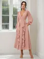 A-Line/Princess Chiffon Ruffles V-neck Long Sleeves Tea-Length Bridesmaid Dresses