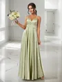 A-Line/Princess Silk Like Satin Ruched V-neck Sleeveless Floor-Length Bridesmaid Dresses