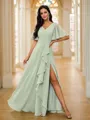 A-Line/Princess Chiffon Ruffles V-neck Short Sleeves Floor-Length Bridesmaid Dresses
