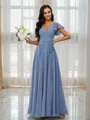 A-Line/Princess Chiffon V-neck Short Sleeves Floor-Length Bridesmaid Dresses