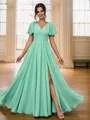 A-Line/Princess Chiffon Ruched V-neck Short Sleeves Floor-Length Bridesmaid Dresses