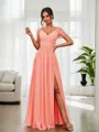 A-Line/Princess Chiffon Ruched V-neck Short Sleeves Floor-Length Bridesmaid Dresses