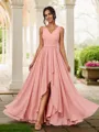 A-Line/Princess Chiffon Ruched V-neck Sleeveless Asymmetrical Bridesmaid Dresses