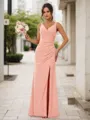 Sheath/Column Chiffon Ruched V-neck Sleeveless Floor-Length Bridesmaid Dresses