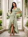 A-Line/Princess Silk Like Satin Ruffles V-neck Short Sleeves Asymmetrical Bridesmaid Dresses