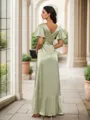 A-Line/Princess Silk Like Satin Ruffles V-neck Short Sleeves Asymmetrical Bridesmaid Dresses