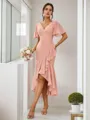 Sheath/Column Chiffon Ruffles V-neck Short Sleeves Asymmetrical Bridesmaid Dresses
