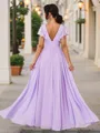 A-Line/Princess Chiffon Ruched V-neck Short Sleeves Floor-Length Bridesmaid Dresses