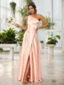 A-Line/Princess Silk Like Satin Ruched One-Shoulder Sleeveless Floor-Length Bridesmaid Dresses