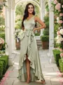 A-Line/Princess Silk Like Satin Ruffles V-neck Sleeveless Asymmetrical Bridesmaid Dresses