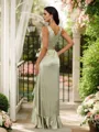 A-Line/Princess Silk Like Satin Ruffles V-neck Sleeveless Asymmetrical Bridesmaid Dresses