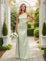 Sheath/Column Silk Like Satin Ruched One-Shoulder Sleeveless Floor-Length Bridesmaid Dresses