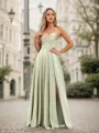 A-line/Princess Silk Like Satin Ruched Spaghetti Straps Sleeveless Floor-Length Corset Bridesmaid Dresses