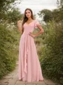 A-line/Princess Chiffon Ruffles V-neck Short Sleeves Floor-Length Bridesmaid Dresses