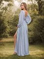 A-line/Princess Chiffon Ruched V-neck Long Sleeves Floor-Length Bridesmaid Dresses