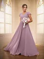 A-line/Princess Chiffon Ruched V-neck Short Sleeves Floor-Length Bridesmaid Dresses