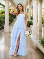 A-line/Princess Tulle Layers Straps Sleeveless Floor-Length Corset Bridesmaid Dresses