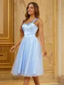 A-Line/Princess Tulle Ruffles Straps Sleeveless Knee-Length Dresses
