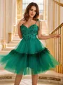 A-Line/Princess Tulle Beading Spaghetti Straps Sleeveless Knee-Length Dresses