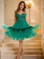 A-Line/Princess Tulle Beading Spaghetti Straps Sleeveless Knee-Length Dresses