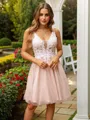A-Line/Princess Tulle Applique V-neck Sleeveless Short/Mini Dresses