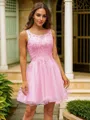 A-Line/Princess Tulle Applique Scoop Sleeveless Short/Mini Dresses
