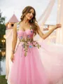 A-Line/Princess Tulle Hand-Made Flower Spaghetti Straps Sleeveless Tea-Length Dresses