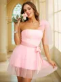 A-Line/Princess Tulle Sash/Ribbon/Belt One-Shoulder Sleeveless Short/Mini Dresses