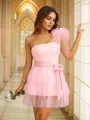 A-Line/Princess Tulle Sash/Ribbon/Belt One-Shoulder Sleeveless Short/Mini Dresses