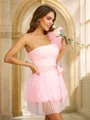 A-Line/Princess Tulle Sash/Ribbon/Belt One-Shoulder Sleeveless Short/Mini Dresses