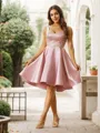 A-Line/Princess Satin Beading Straps Sleeveless Knee-Length Dresses