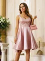 A-Line/Princess Satin Beading Straps Sleeveless Knee-Length Dresses