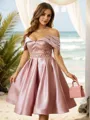 A-Line/Princess Satin Beading Off-the-Shoulder Sleeveless Knee-Length Dresses