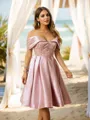 A-Line/Princess Satin Beading Off-the-Shoulder Sleeveless Knee-Length Dresses