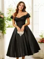 A-Line/Princess Satin Ruched Off-the-Shoulder Sleeveless Tea-Length Dresses