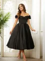 A-Line/Princess Satin Ruched Off-the-Shoulder Sleeveless Tea-Length Dresses