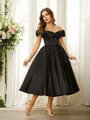 A-Line/Princess Satin Ruched Off-the-Shoulder Sleeveless Tea-Length Dresses