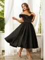 A-Line/Princess Satin Ruched Off-the-Shoulder Sleeveless Tea-Length Dresses