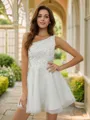 A-Line/Princess Tulle Applique One-Shoulder Sleeveless Short/Mini Dresses