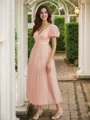A-Line/Princess Tulle Ruched V-neck Short Sleeves Tea-Length Dresses