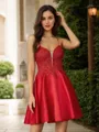 A-Line/Princess Satin Applique Spaghetti Straps Sleeveless Short/Mini Dresses