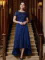 A-Line/Princess Chiffon Applique Bateau Short Sleeves Asymmetrical Mother of the Bride Dresses